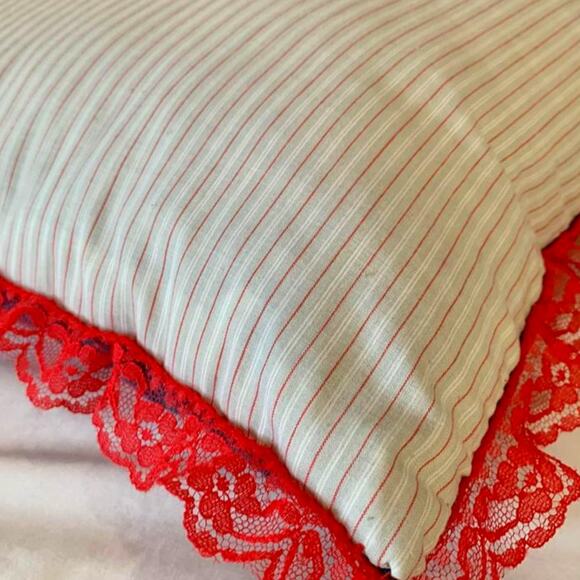 Handmade Vintage Blue & Red Quilted Accent Pillow with Lace Border - Picture 5 of 9